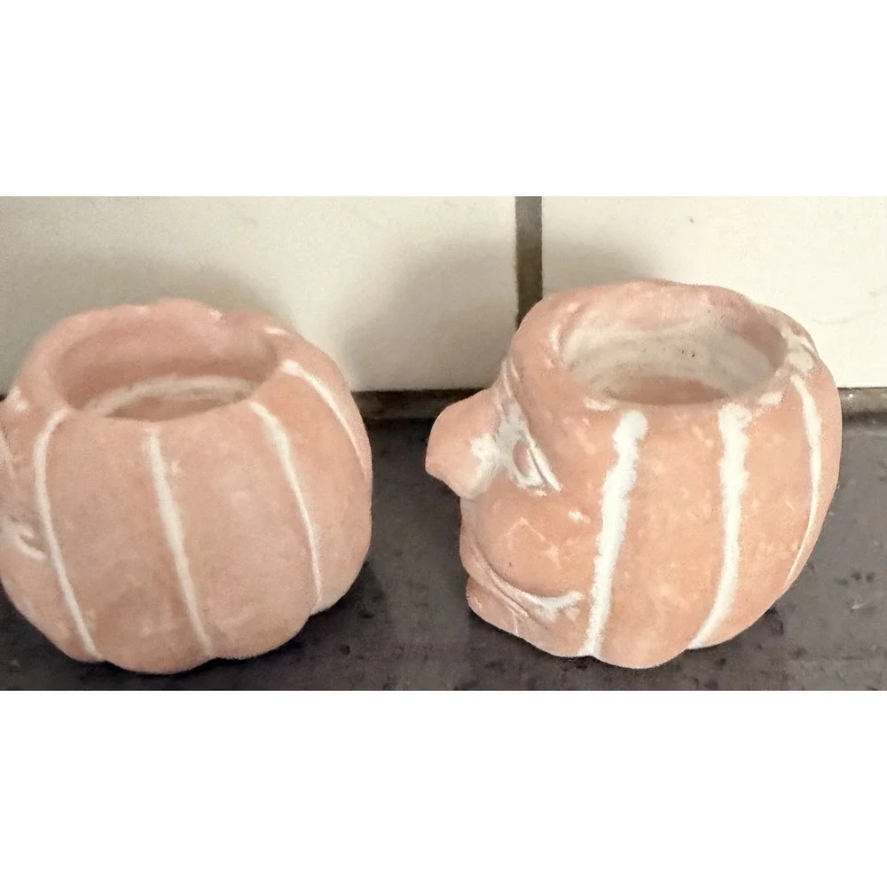Vtg Terracotta Pumpkin Silly Whimsical Face Candle Holder Fall Halloween Lot 2